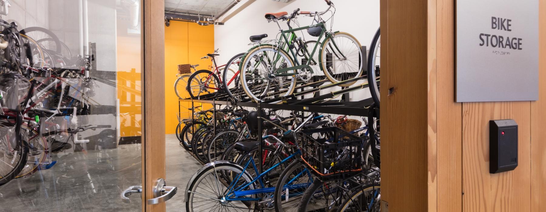 a group of bicycles are parked in a room